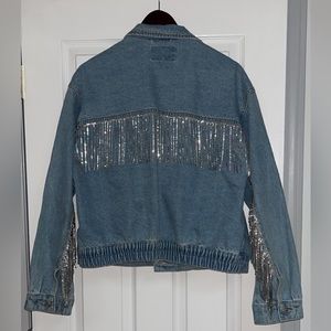 Free People Denim Bomber with Rhinestone Fringe
